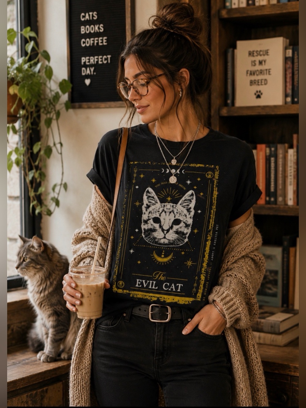 Be Humane 🐱 “The Evil Cat” Graphic Tee Small Black Boho Rescue Cat Shirt